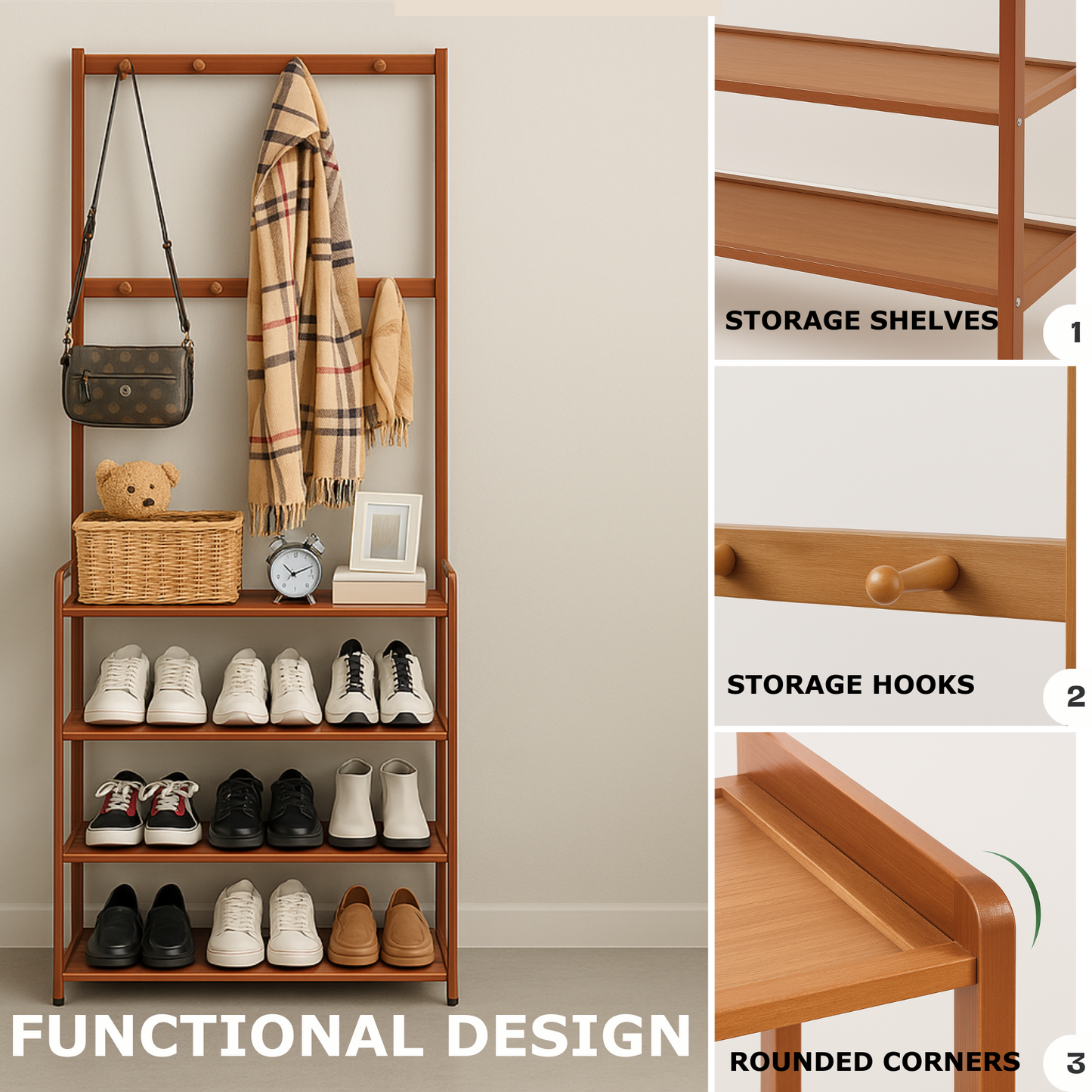 Wooden Clothes Rack With 12 Hooks & 5 Tier Shoe Storage