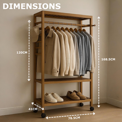 Wooden Clothes Rack | Portable Open Wardrobe with Shoe Storage