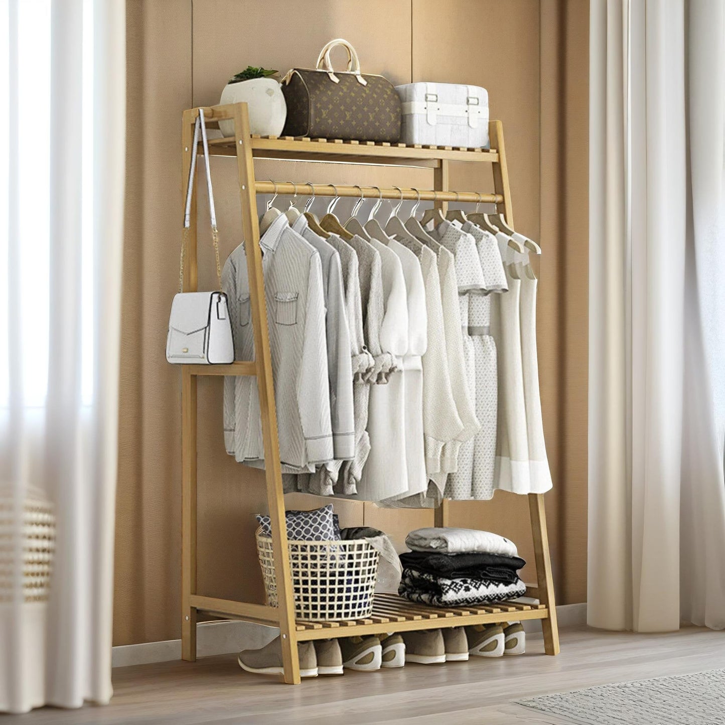 Wide Wooden Clothing Rail With Shelves Brown