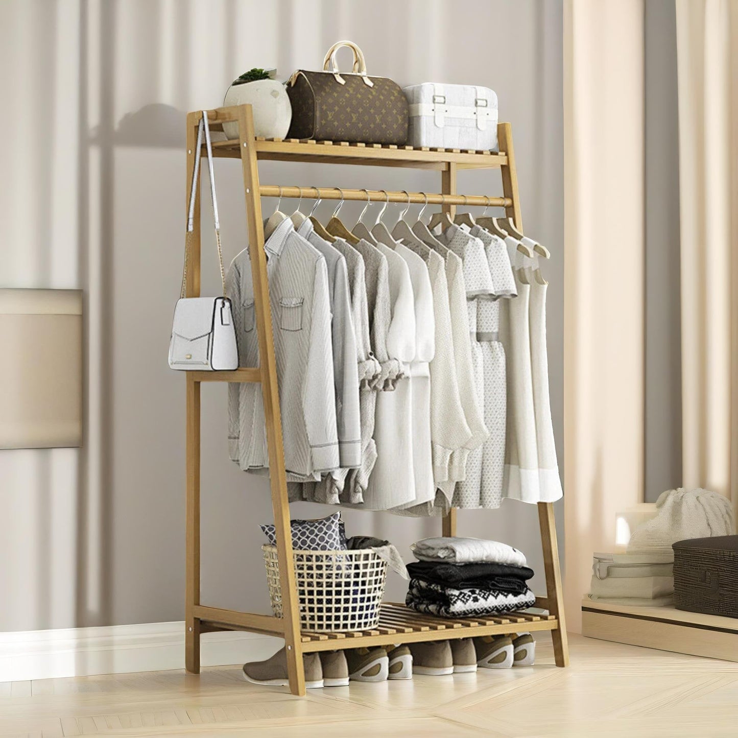 Wide Wooden Clothing Rail With Shelves Brown