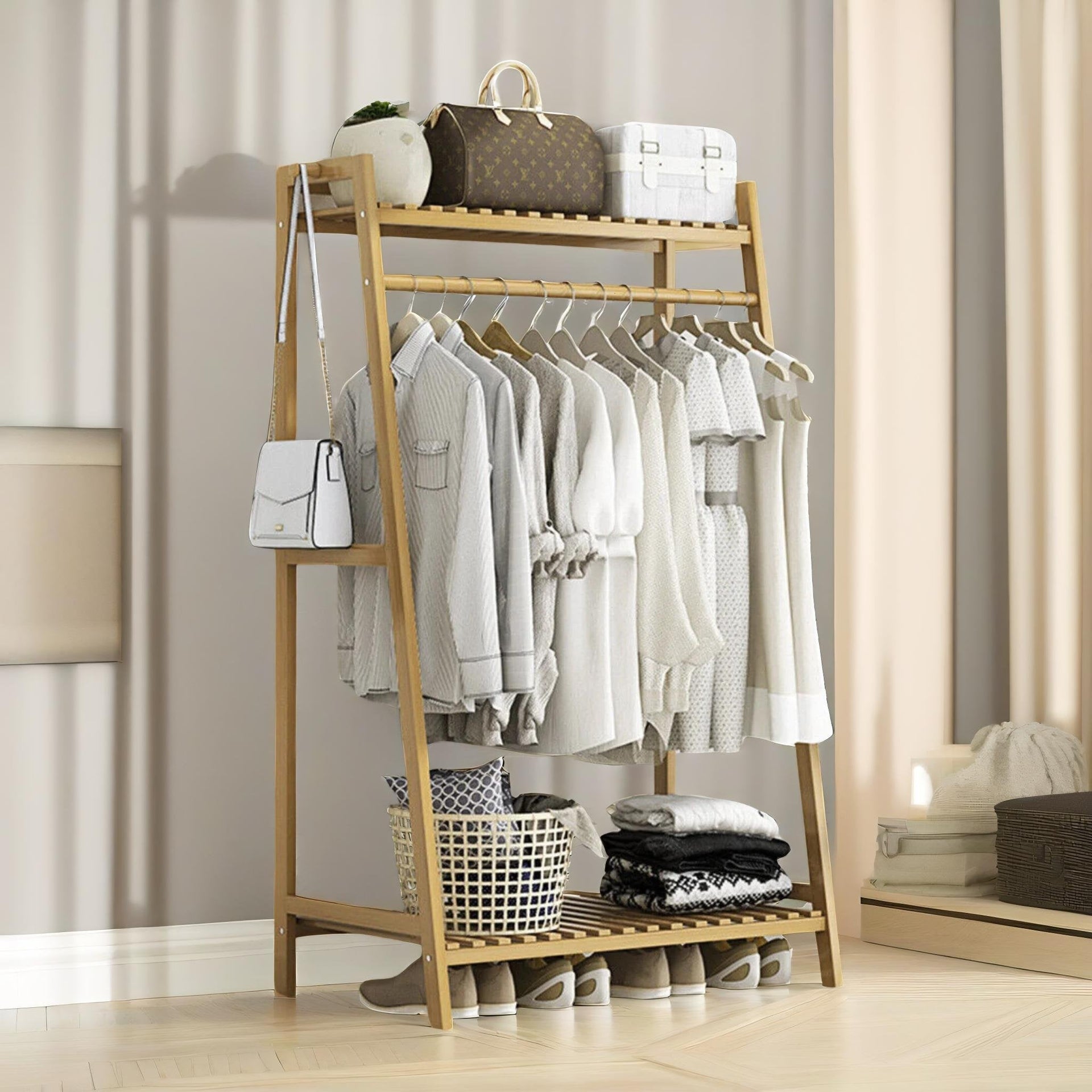 Wide Wooden Clothing Rail With Shelves Brown