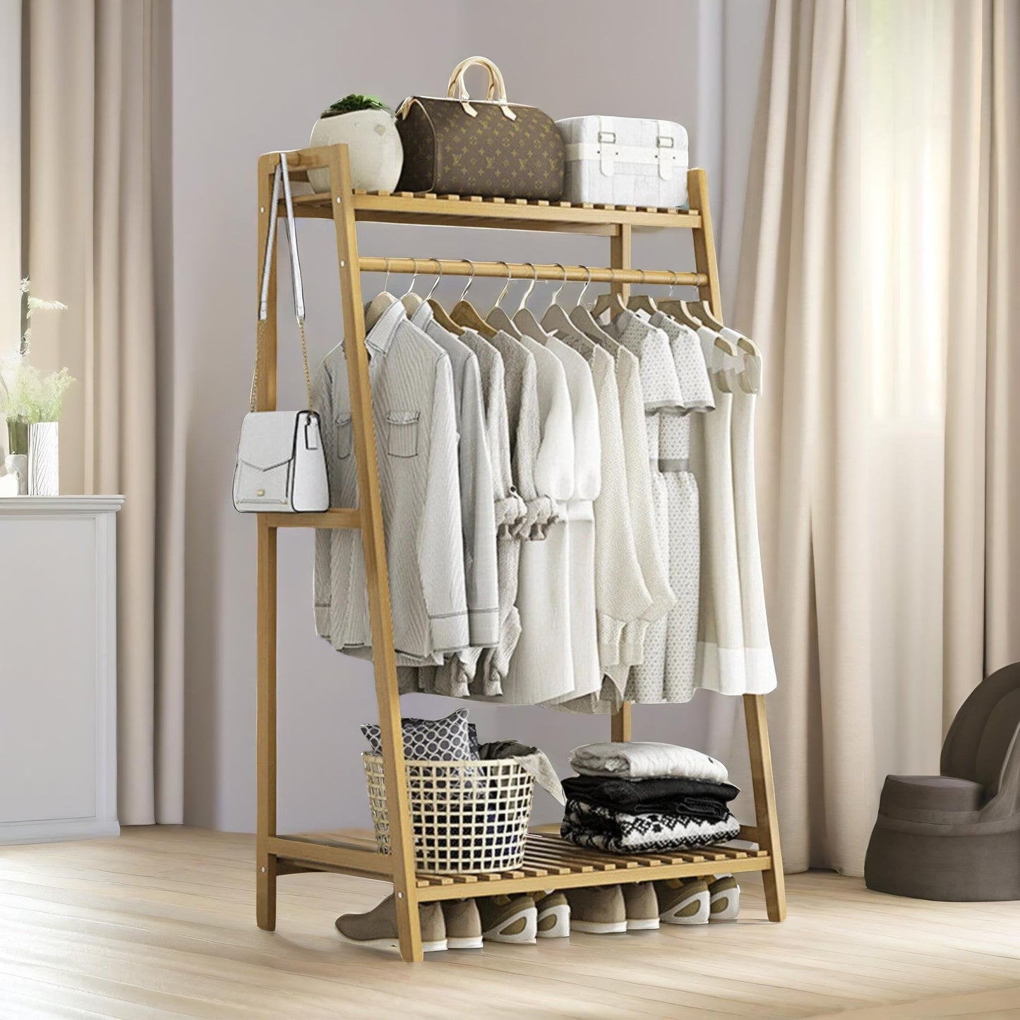 Wide Wooden Clothing Rail With Shelves Brown