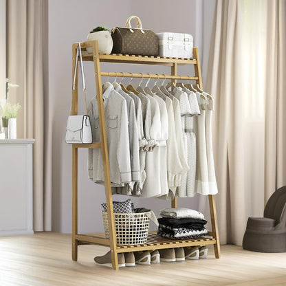 Wide Wooden Clothing Rail With Shelves Brown