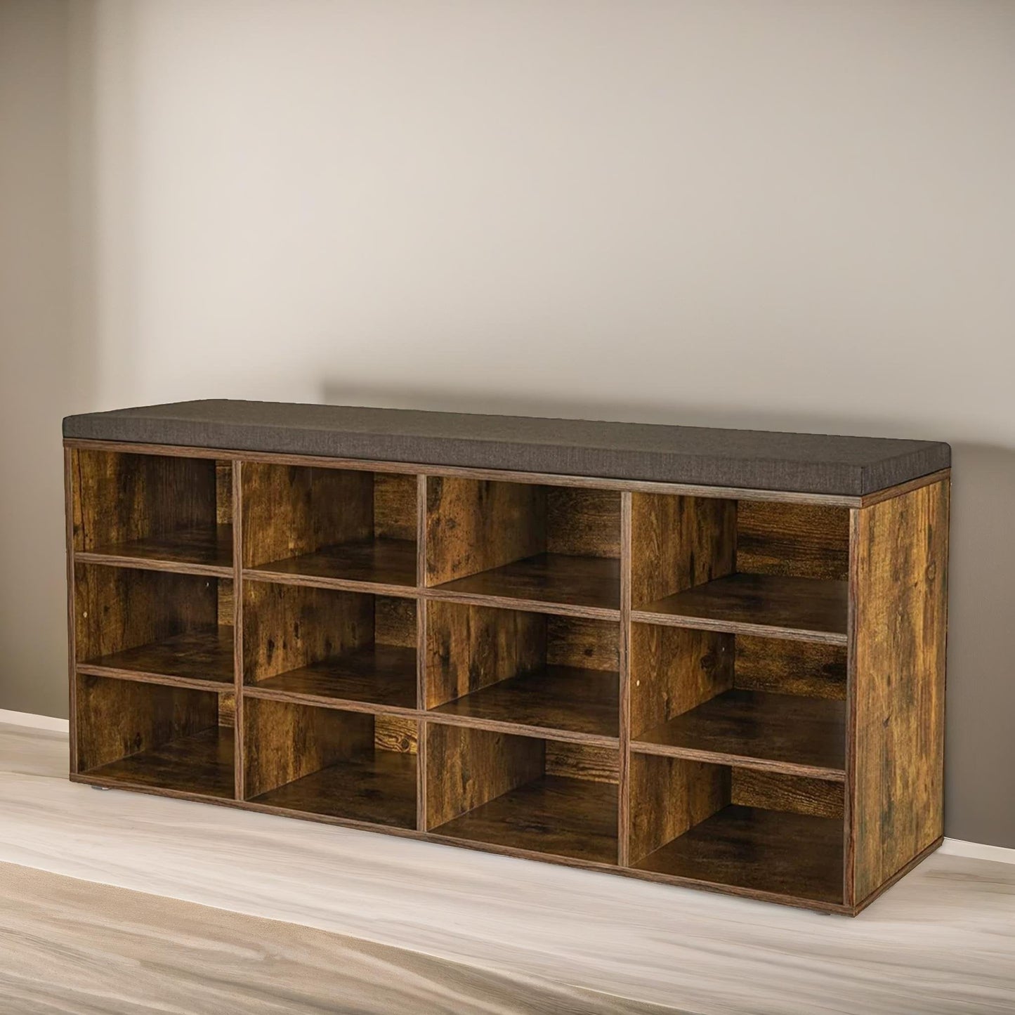 Wide Shoe Storage Bench With Cushioned Seat And Drawer Natural Brown