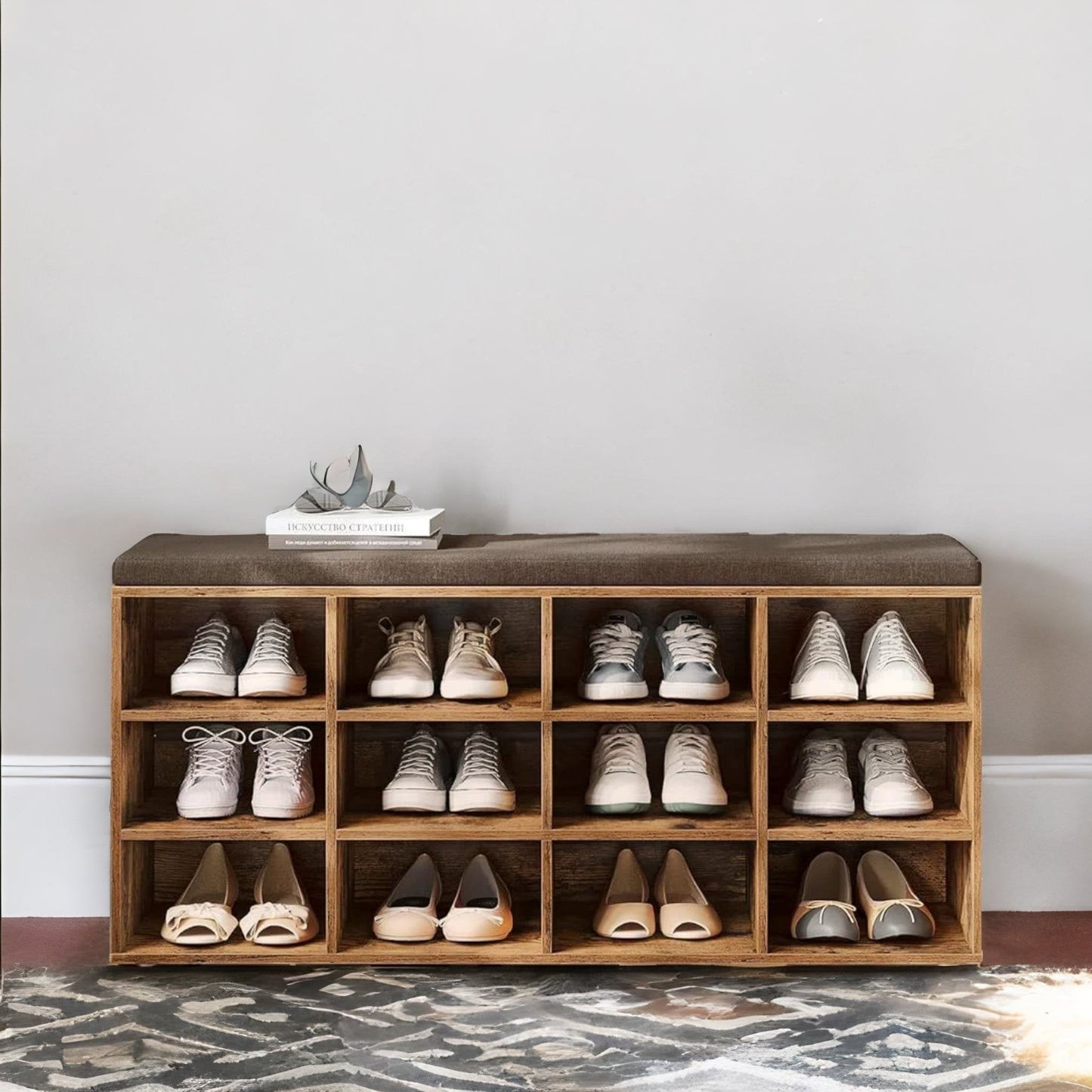 Wide Shoe Storage Bench With Cushioned Seat And Drawer Natural Brown