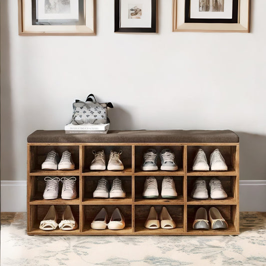 Wide Shoe Storage Bench With Cushioned Seat And Drawer Natural Brown