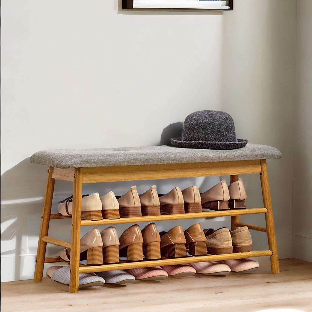 2 Tier Shoe Bench Rack With Cushioned Seat Natural Brown