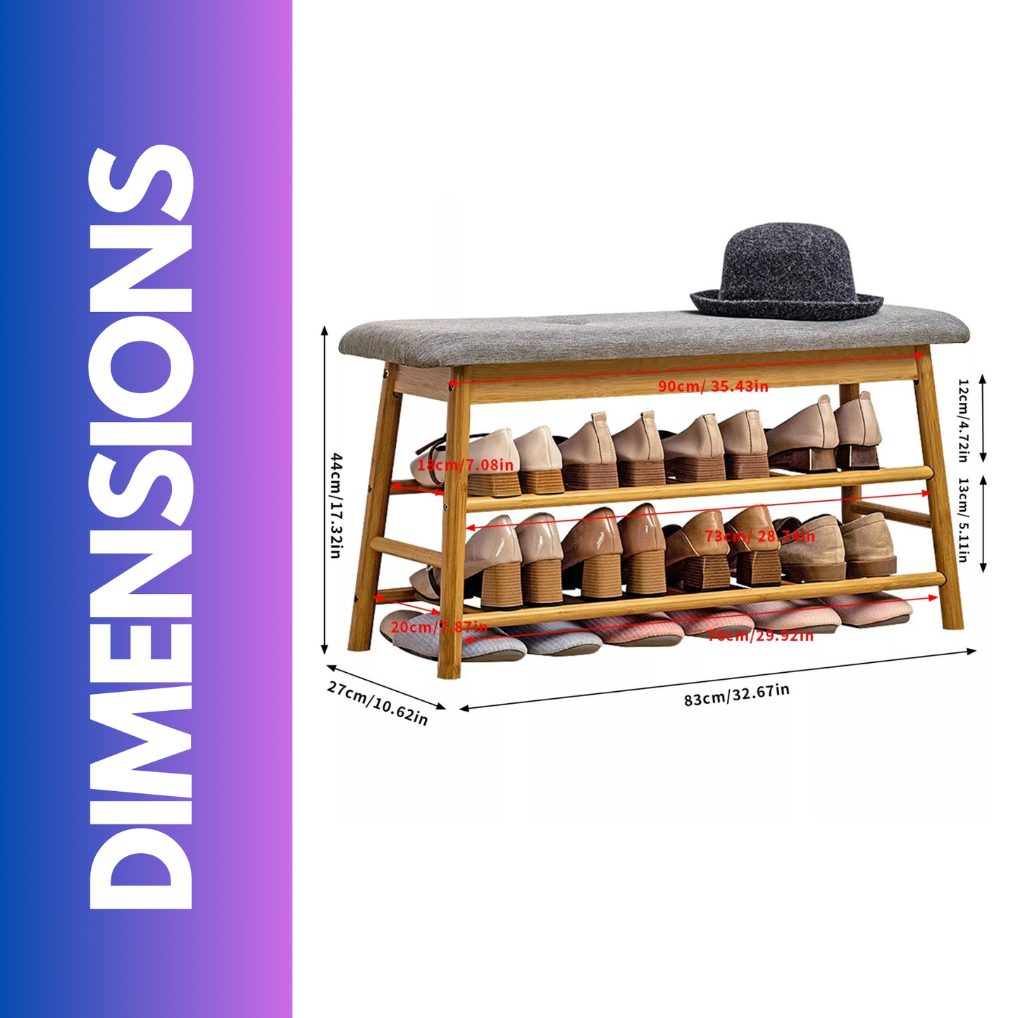 2 Tier Shoe Bench Rack With Cushioned Seat Natural Brown
