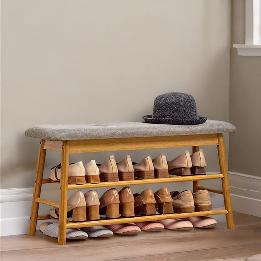 2 Tier Shoe Bench Rack With Cushioned Seat Natural Brown