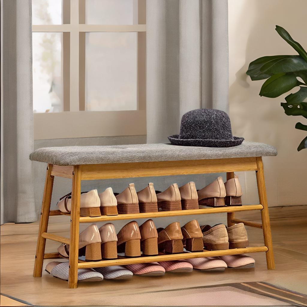 2 Tier Shoe Bench Rack With Cushioned Seat Natural Brown