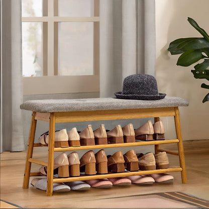 2 Tier Shoe Bench Rack With Cushioned Seat Natural Brown