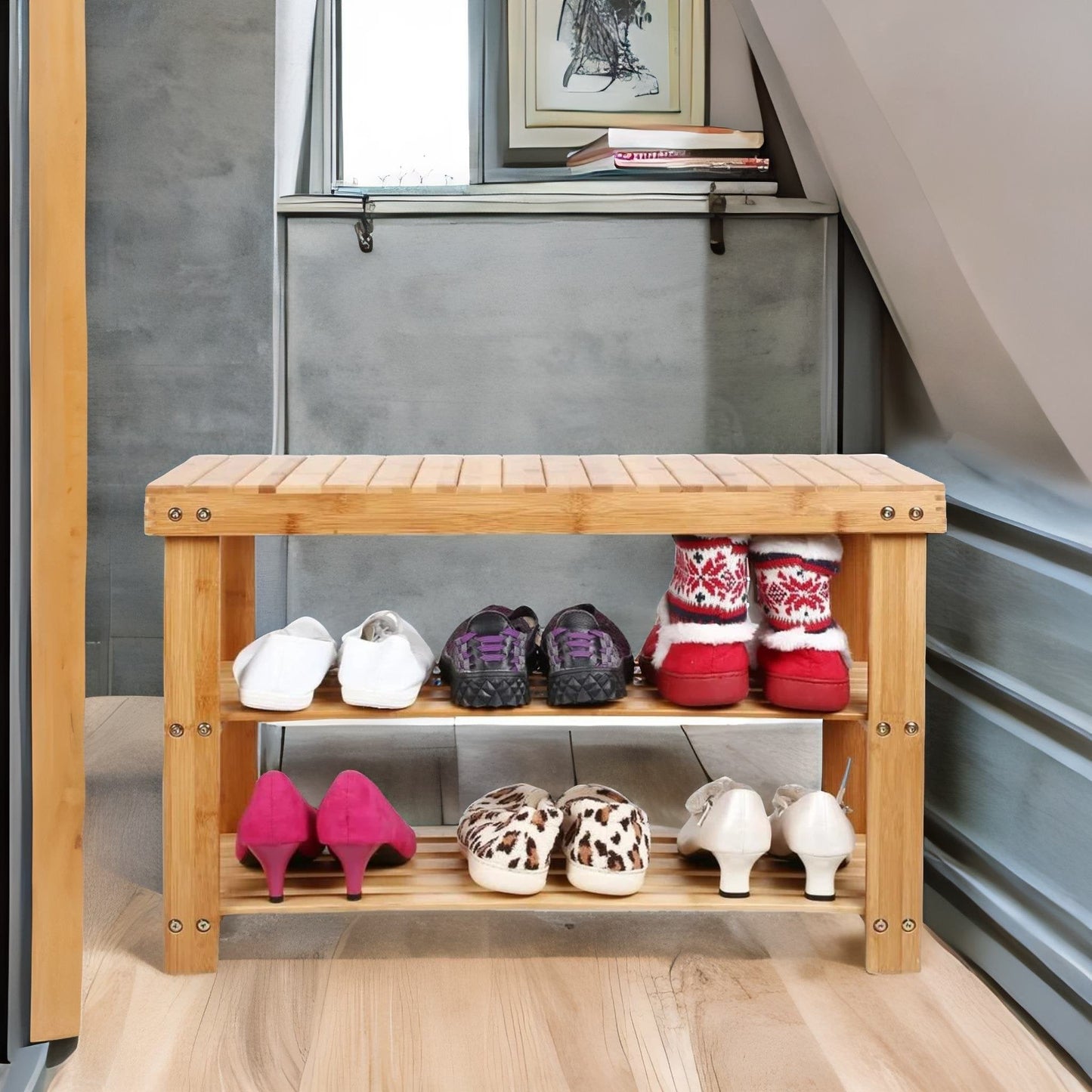 Wooden 2 Tier Shoe Storage Bench