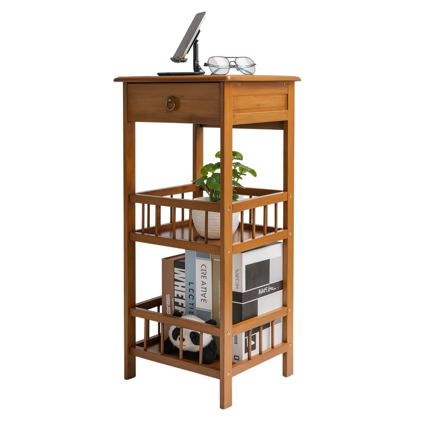 3 Tier Bamboo Tall Side Table With Drawer