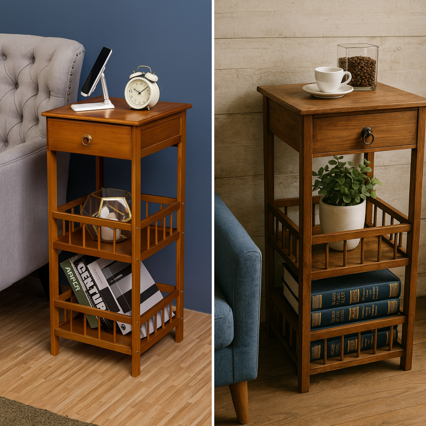 3 Tier Bamboo Tall Side Table With Drawer