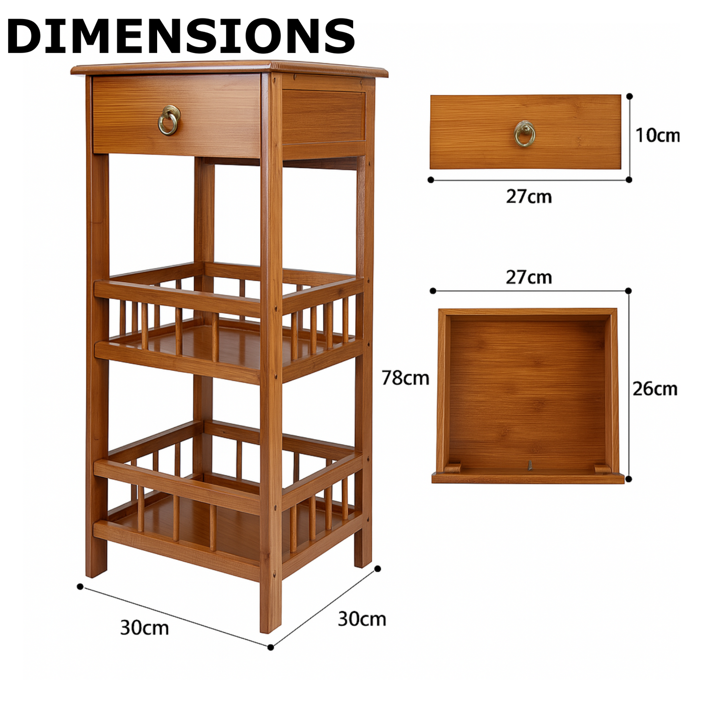 3 Tier Bamboo Tall Side Table With Drawer