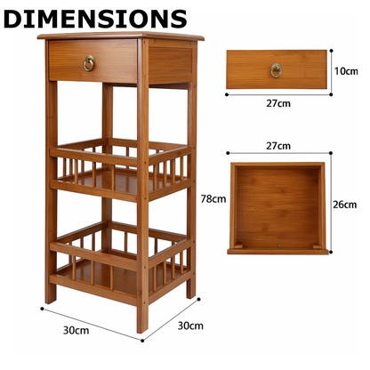 3 Tier Bamboo Tall Side Table With Drawer