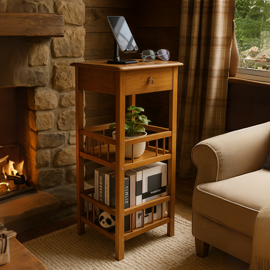 3 Tier Bamboo Tall Side Table With Drawer