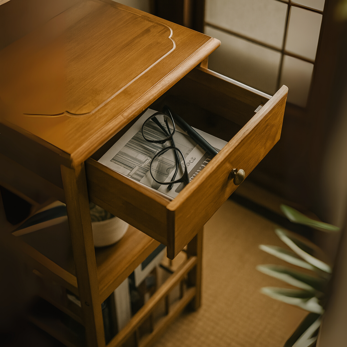 3 Tier Bamboo Tall Side Table With Drawer
