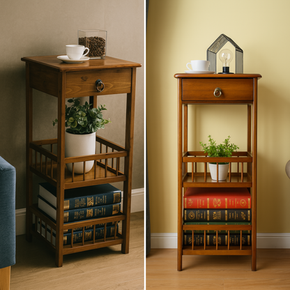 3 Tier Bamboo Tall Side Table With Drawer