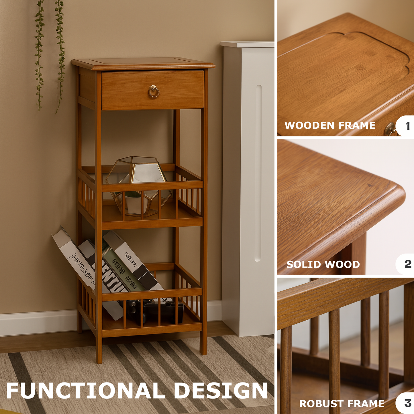 3 Tier Bamboo Tall Side Table With Drawer