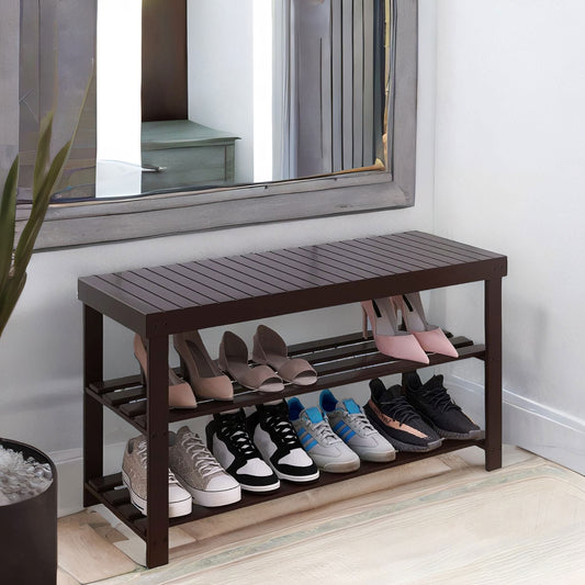 Wooden 3 Tier Shoe Storage Bench For Hallway Dark Brown