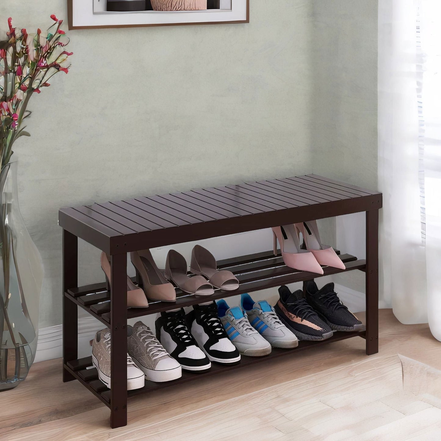 Wooden 3 Tier Shoe Storage Bench For Hallway Dark Brown