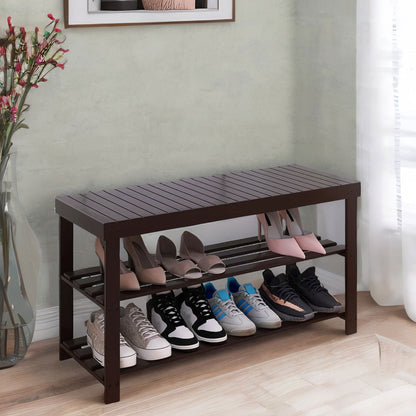 Wooden 3 Tier Shoe Storage Bench For Hallway Dark Brown
