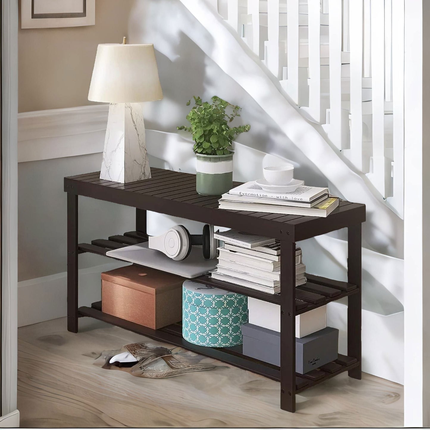 Wooden 3 Tier Shoe Storage Bench For Hallway Dark Brown