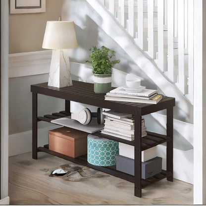 Wooden 3 Tier Shoe Storage Bench For Hallway Dark Brown