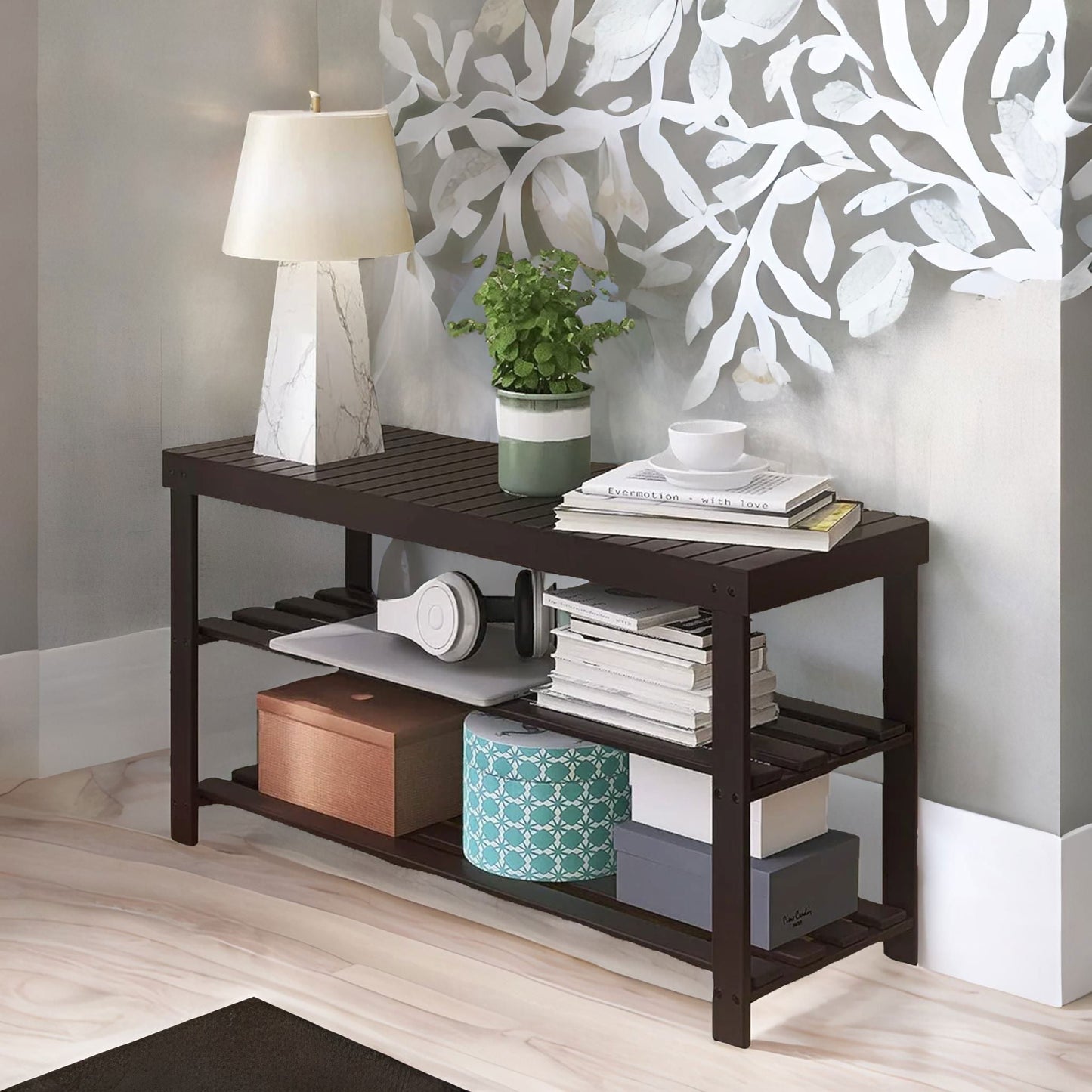 Wooden 3 Tier Shoe Storage Bench For Hallway Dark Brown