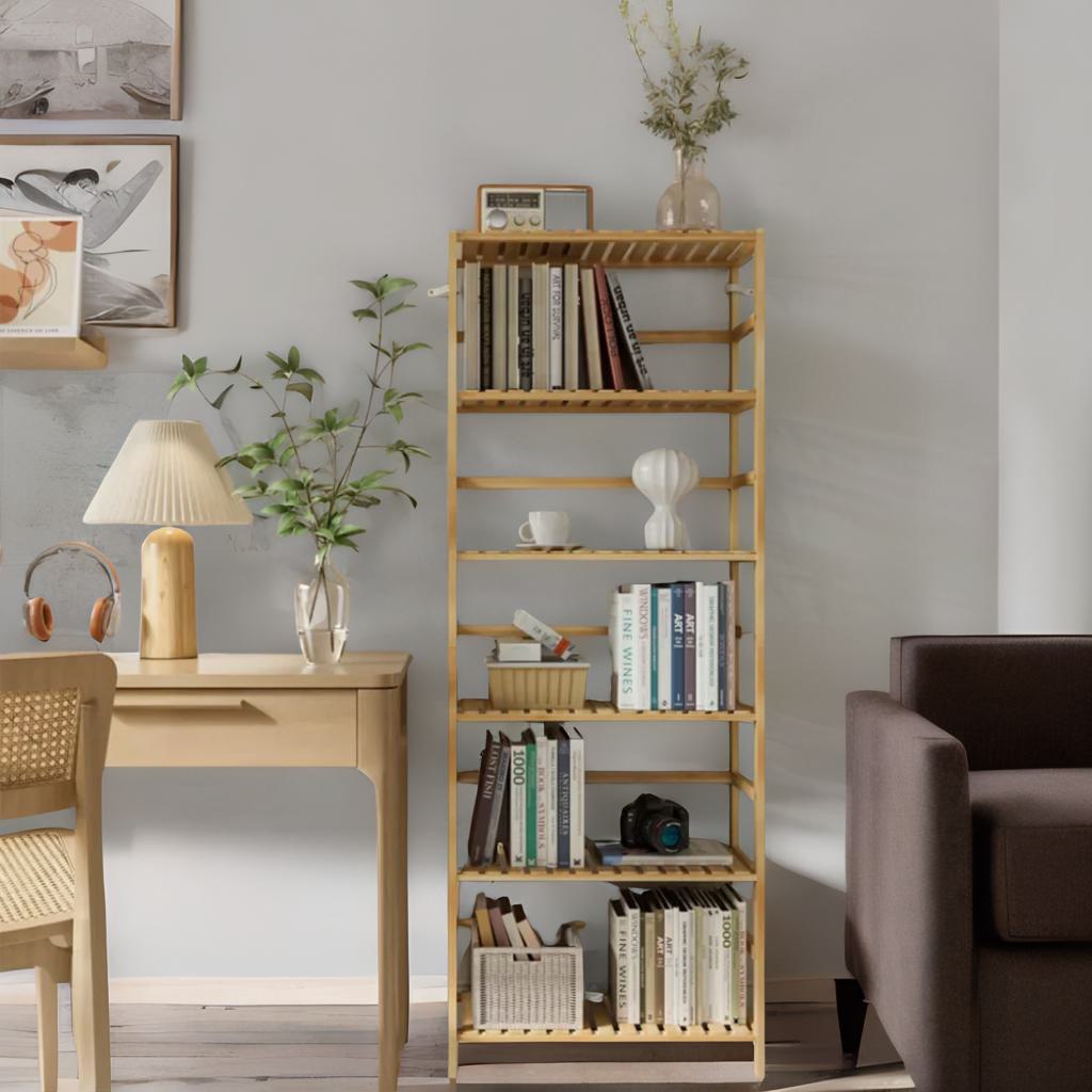 6 Tier Wooden Storage Rack With Adjustable Shelves Natural Brown