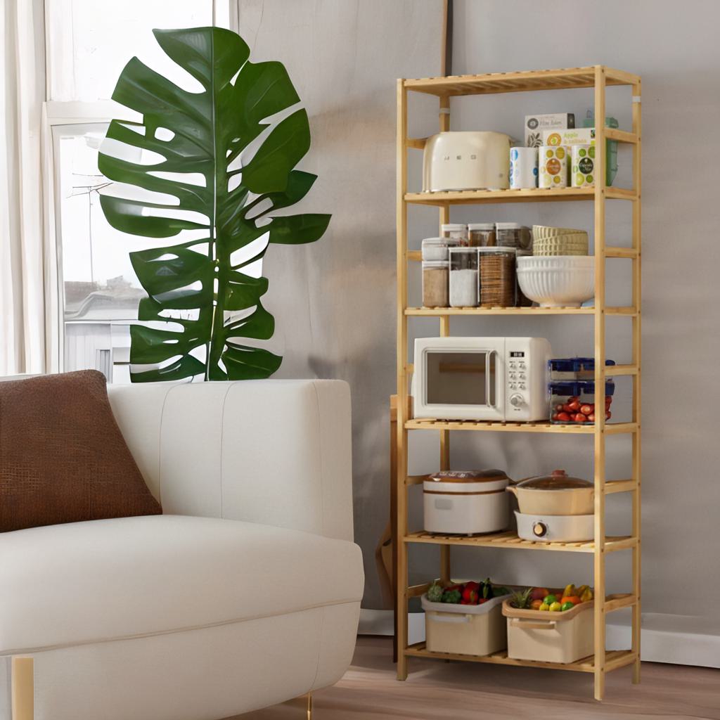 6 Tier Wooden Storage Rack With Adjustable Shelves Natural Brown
