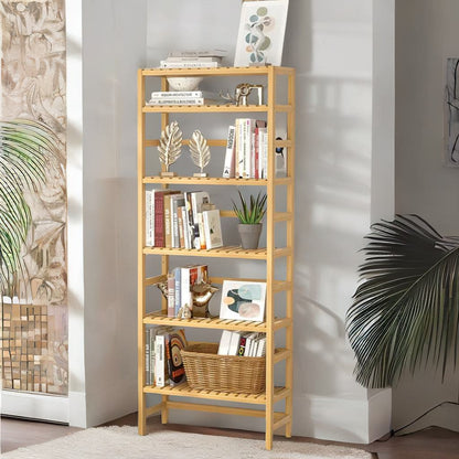 6 Tier Wooden Storage Rack With Adjustable Shelves Natural Brown