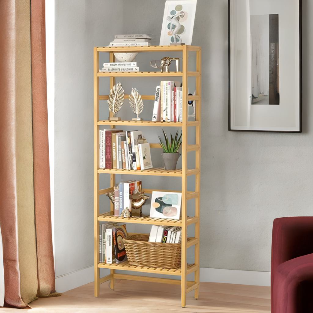 6 Tier Wooden Storage Rack With Adjustable Shelves Natural Brown