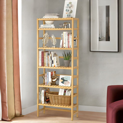 6 Tier Wooden Storage Rack With Adjustable Shelves Natural Brown