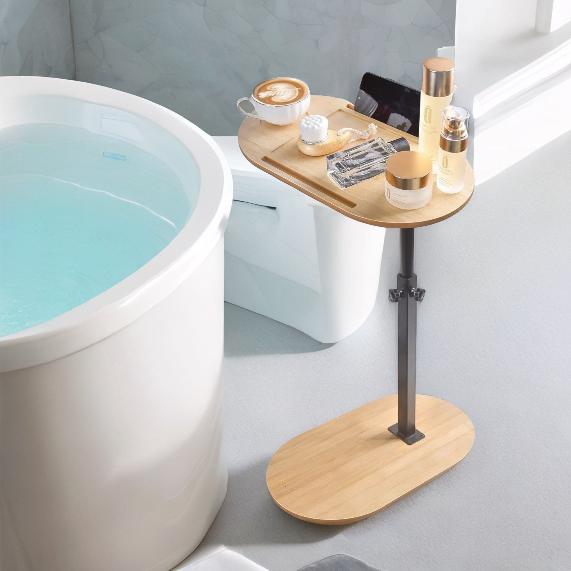 Wooden Adjustable Side Tray Table Natural Wood