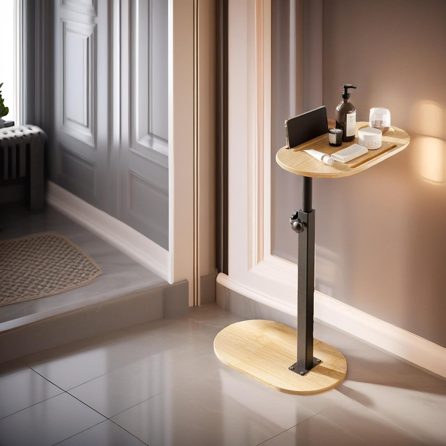Wooden Adjustable Side Tray Table Natural Wood