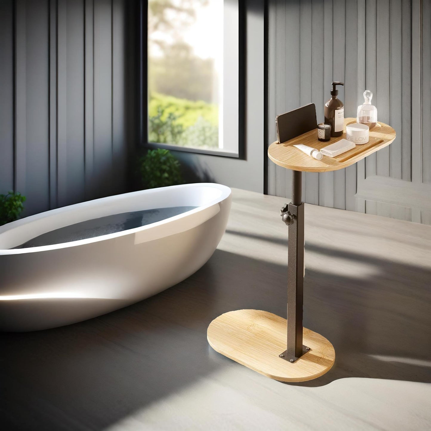 Wooden Adjustable Side Tray Table Natural Wood