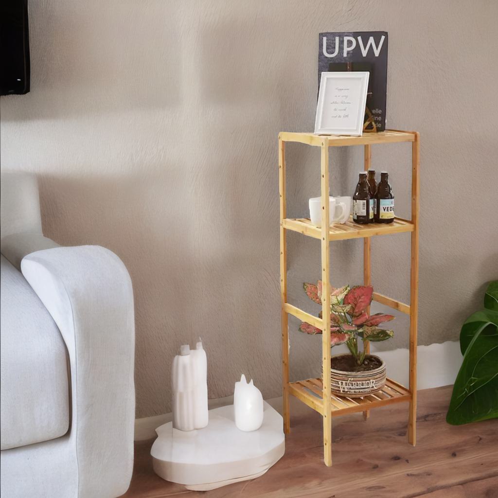 4 Tier Adjustable Wooden Standing Shelving Rack Unit Natural Brown