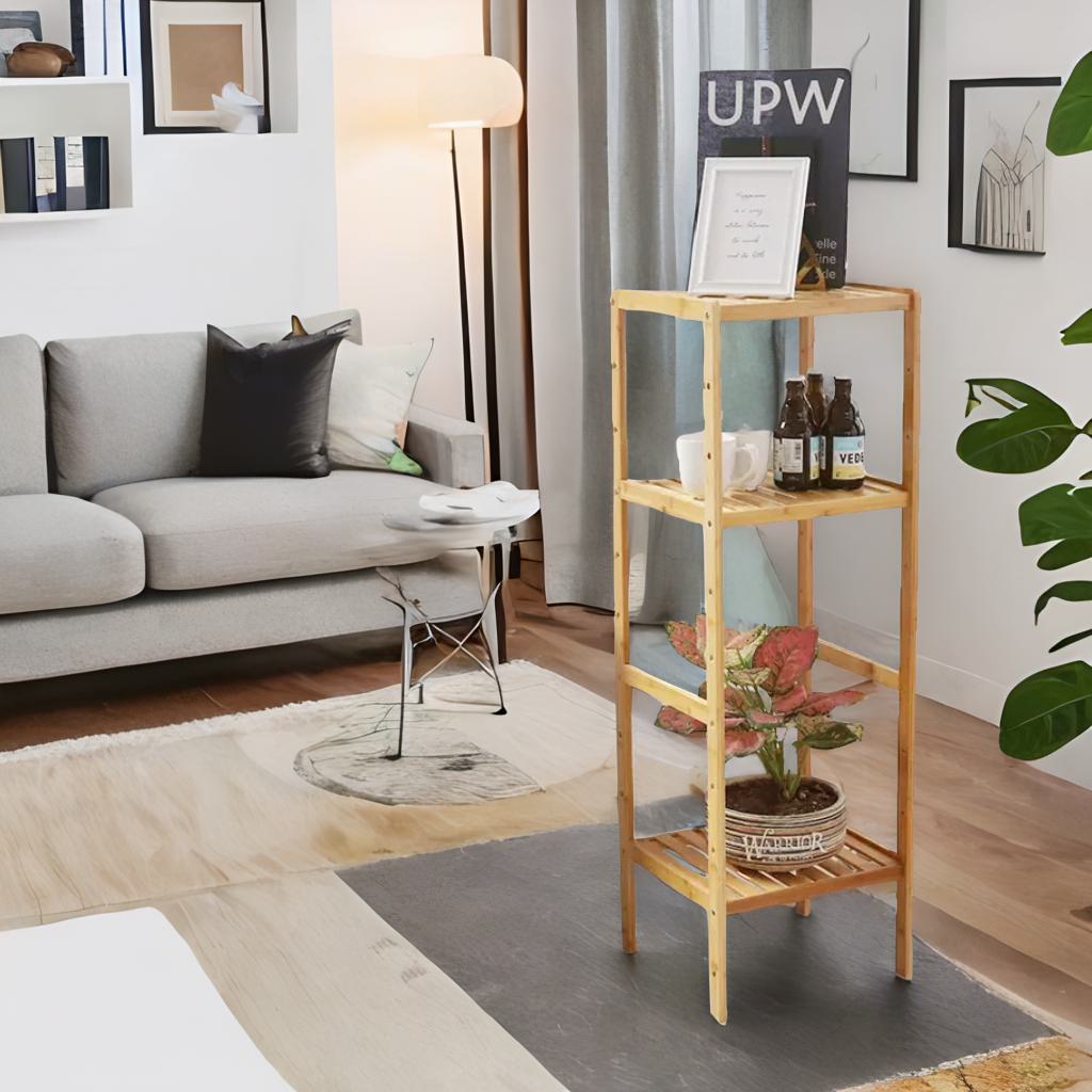 4 Tier Adjustable Wooden Standing Shelving Rack Unit Natural Brown