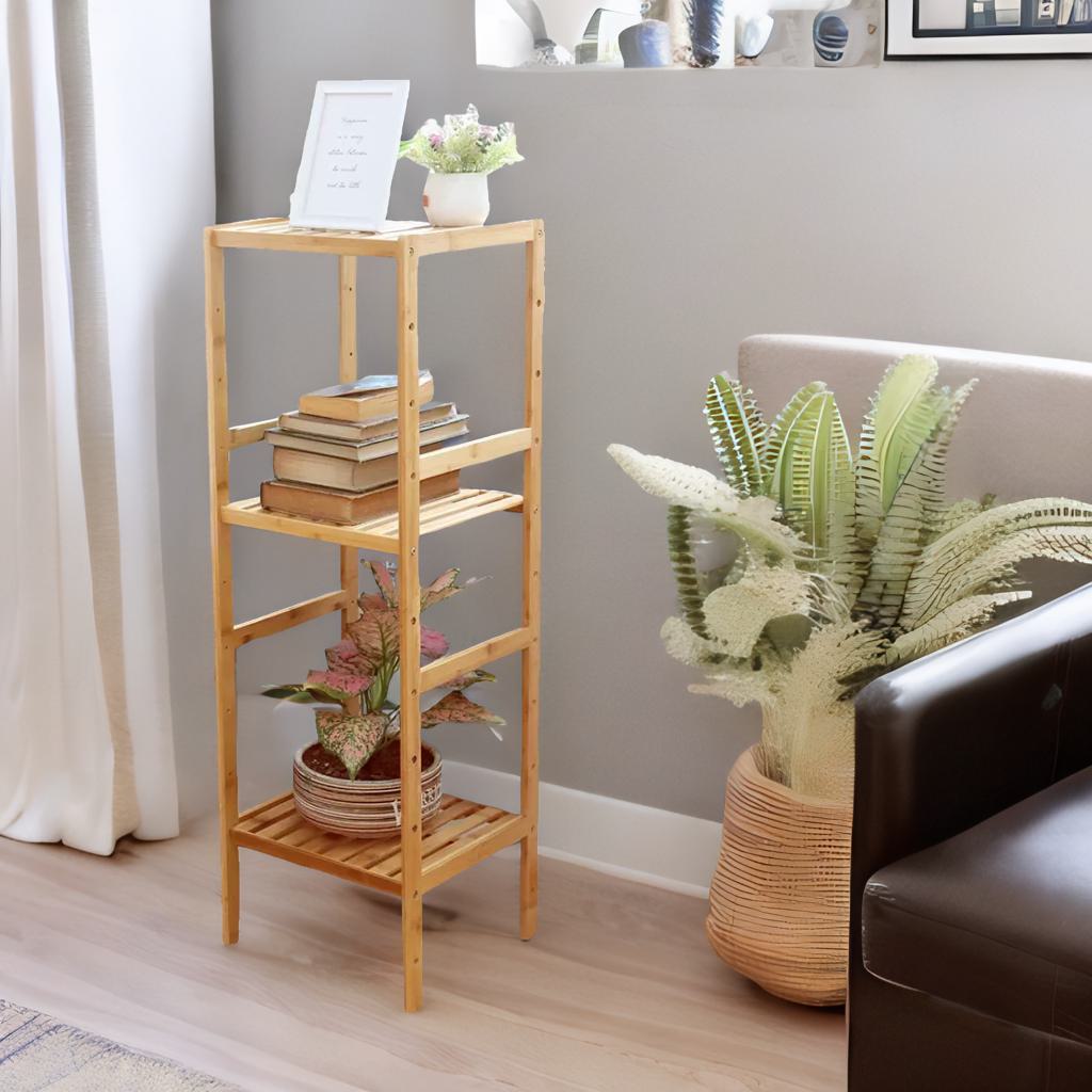 4 Tier Adjustable Wooden Standing Shelving Rack Unit Natural Brown