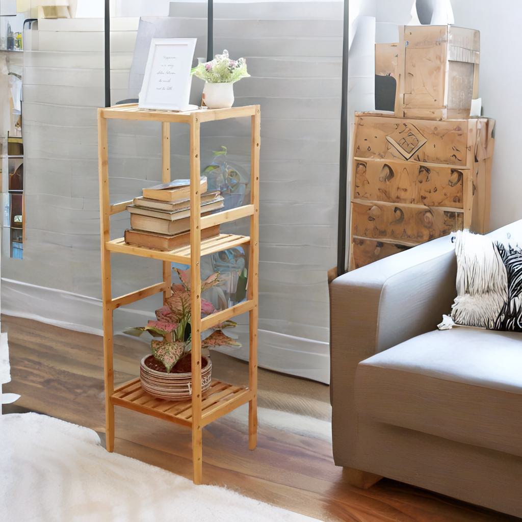 4 Tier Adjustable Wooden Standing Shelving Rack Unit Natural Brown