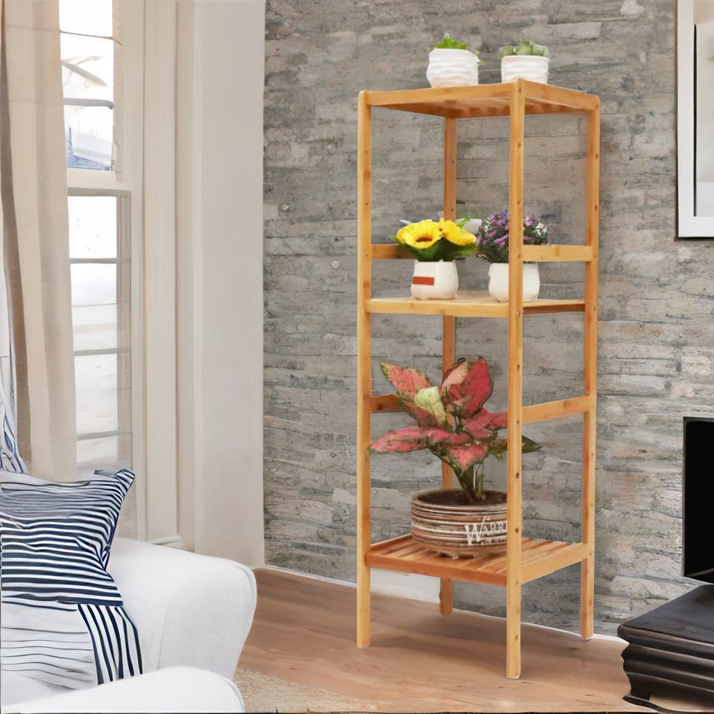 4 Tier Adjustable Wooden Standing Shelving Rack Unit Natural Brown