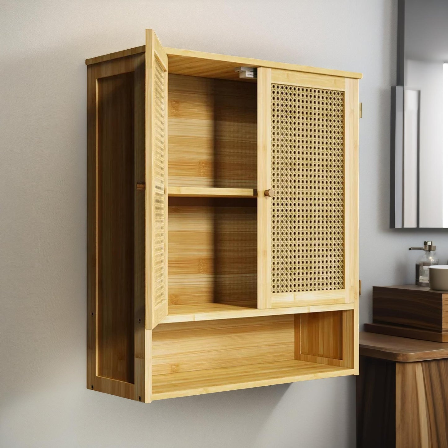 Wooden Bathroom Wall-Mounted Storage Cabinet Organiser Natural Brown