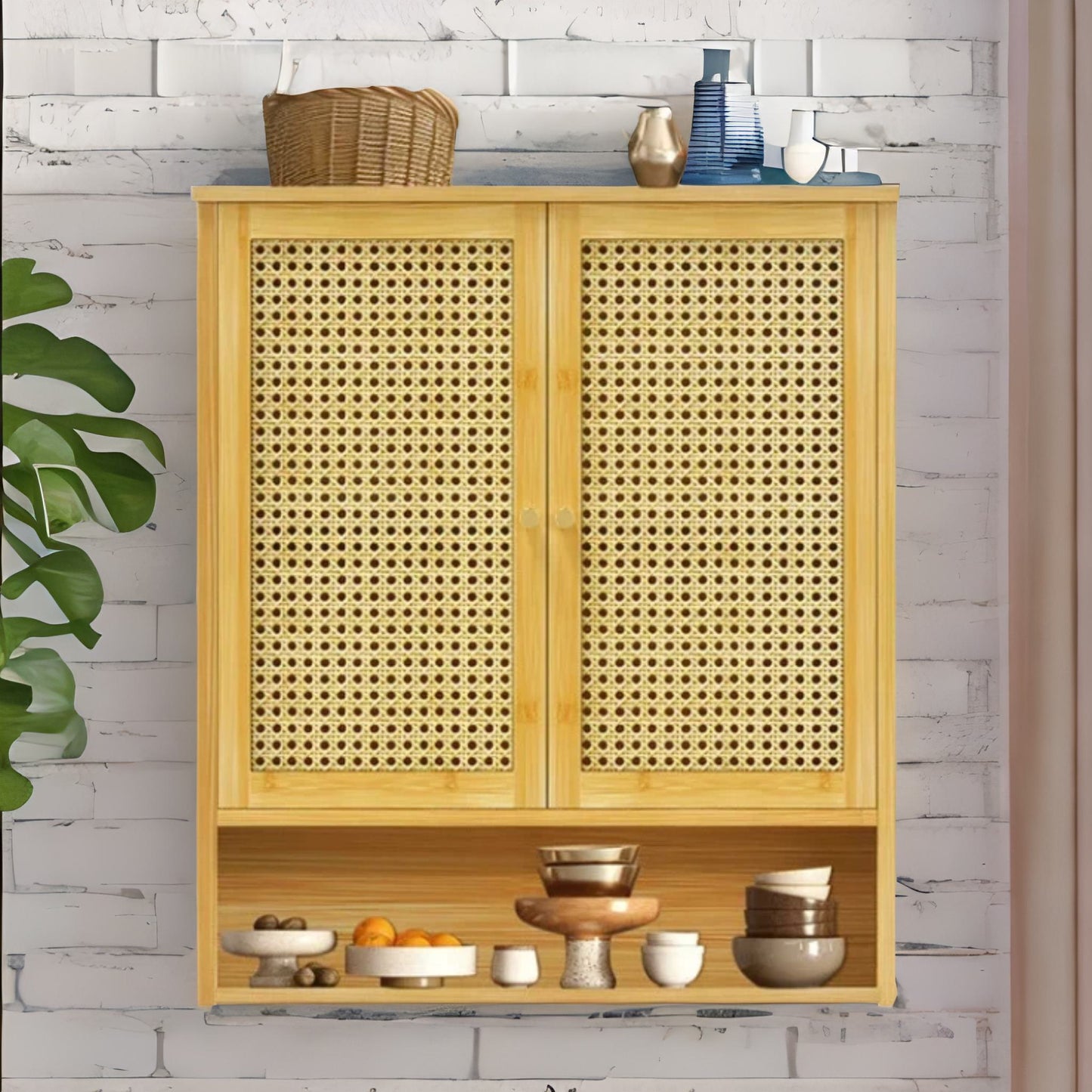 Wooden Bathroom Wall-Mounted Storage Cabinet Organiser Natural Brown