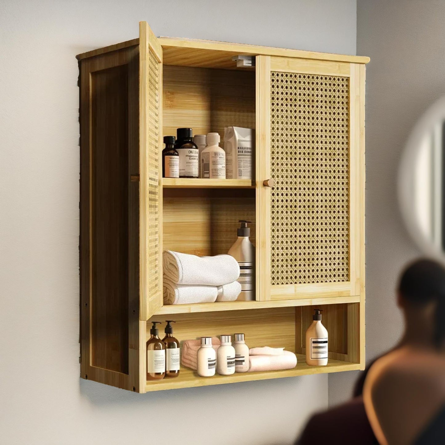 Wooden Bathroom Wall-Mounted Storage Cabinet Organiser Natural Brown