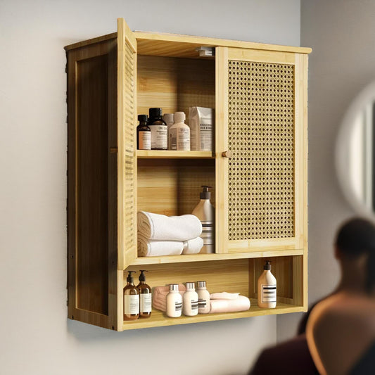Wooden Bathroom Wall-Mounted Storage Cabinet Organiser Natural Brown