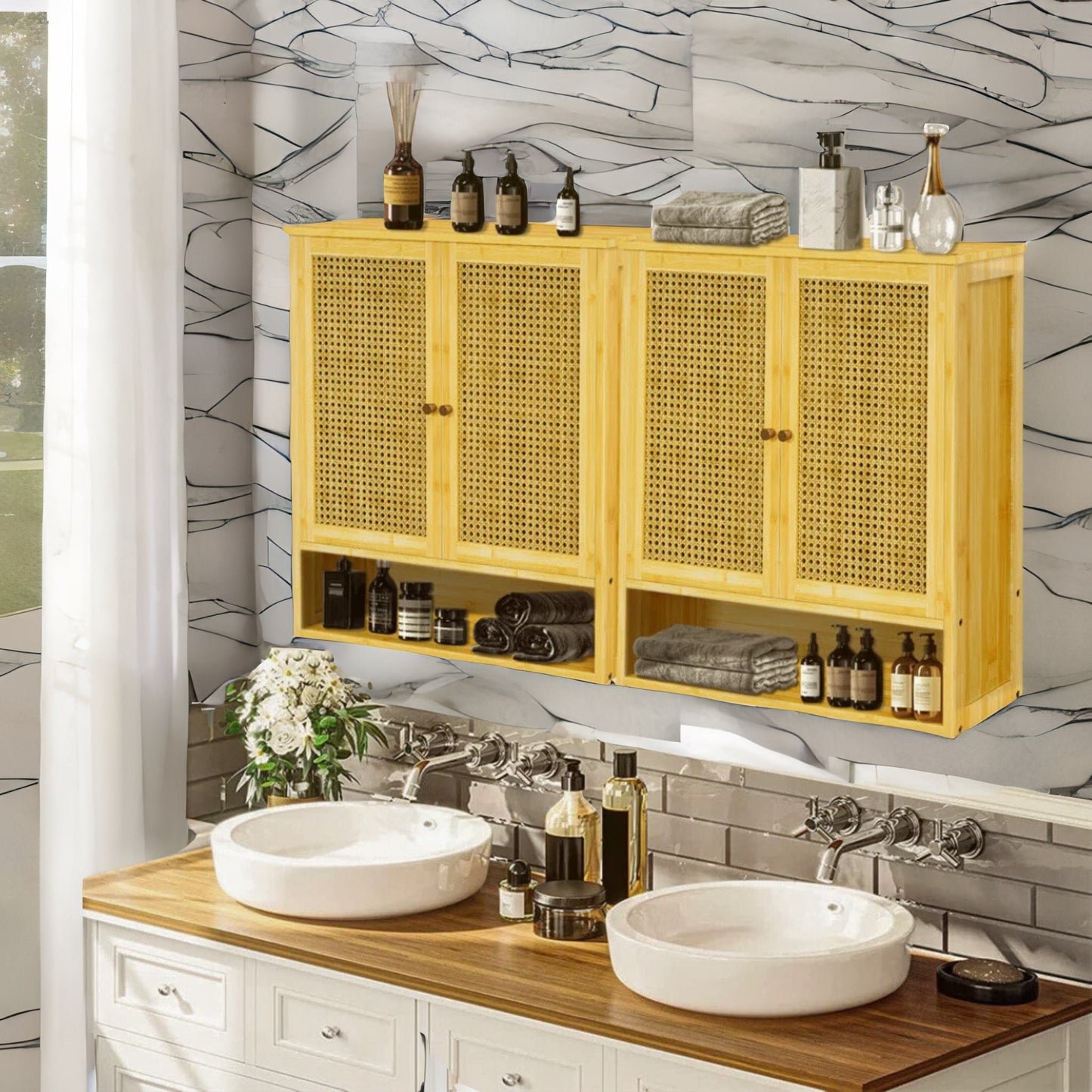 Wooden Bathroom Wall-Mounted Storage Cabinet Organiser Natural Brown
