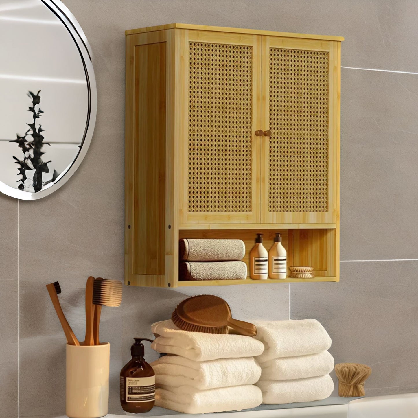 Wooden Bathroom Wall-Mounted Storage Cabinet Organiser Natural Brown