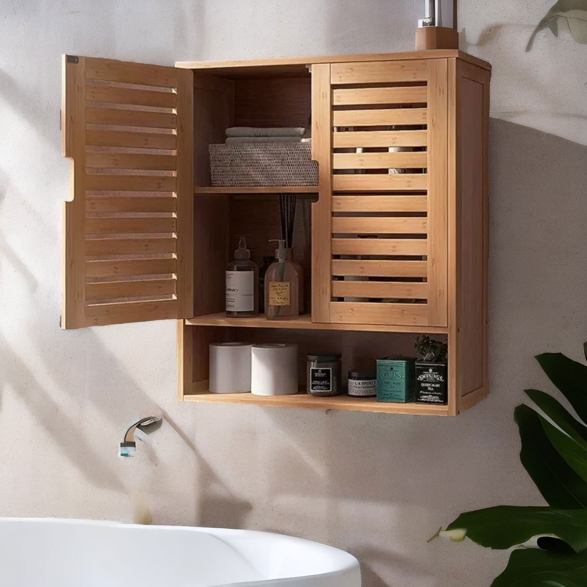 Wooden Bathroom Wall Storage Cabinet Organiser Natural Brown